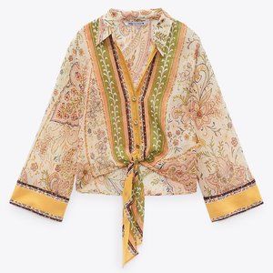 Zara Tie-front Printed Bell Cuff Sleeve Blouse